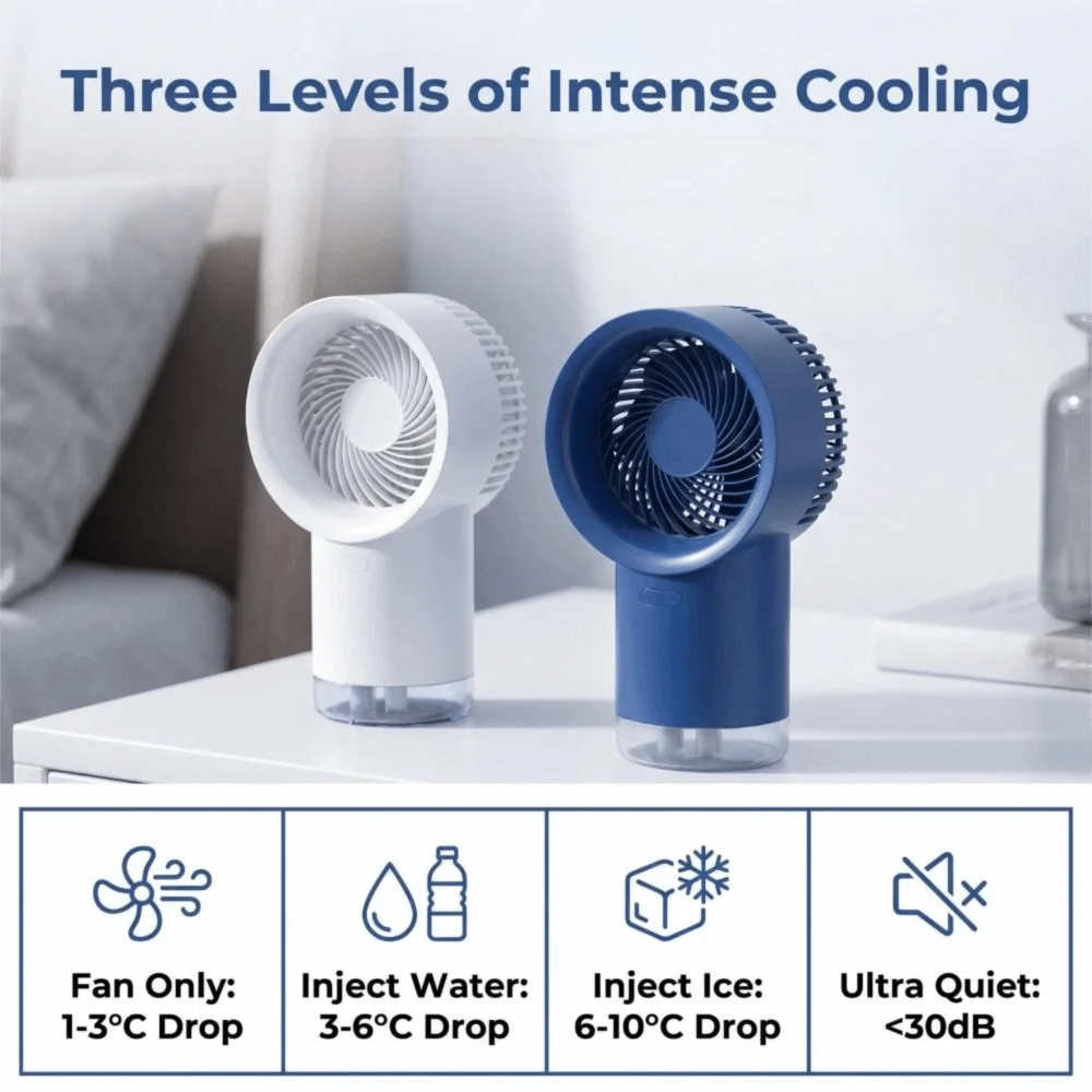 400ml Capacity Water Cooling Desk Fan 3 Speed Selection Gentle Operation Portable Fan USB Type C Charging Integrated Lighting