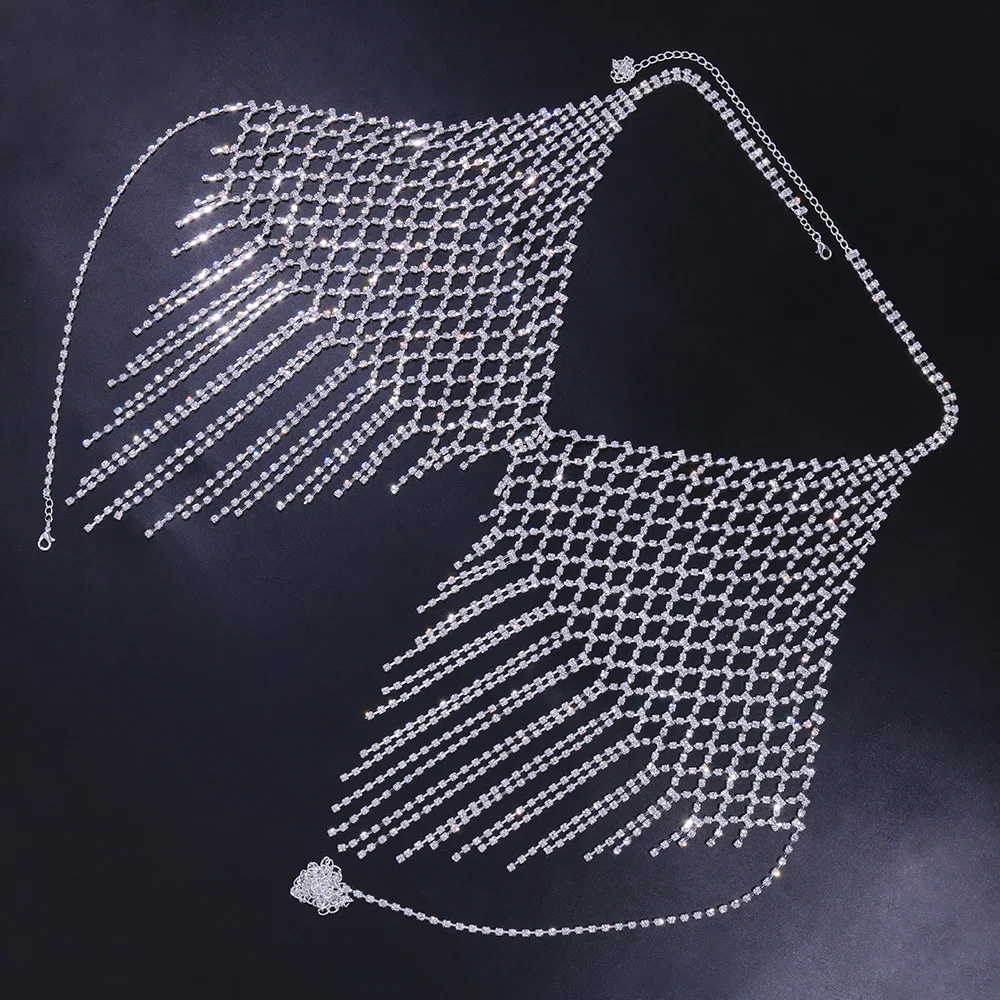 Rhinestone Hollow Mesh Body Chain Harness Top Bra Body Jewelry for Women Luxury Crystal Tassel Lingerie Bikini Chest Chain Bra