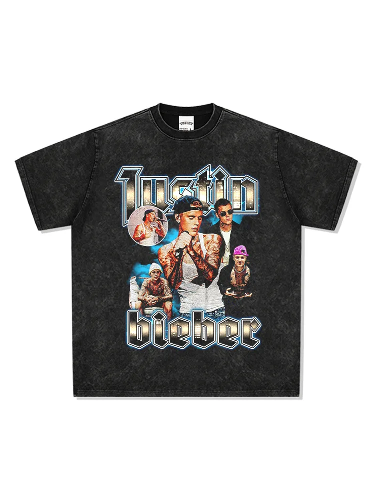 

Bieber American T-shirt, Hip-hop, Rap, Street Fashion Brand, Retro Print, Aged, Washed, Heavy, Pure Cotton, Loose Short Sleeve