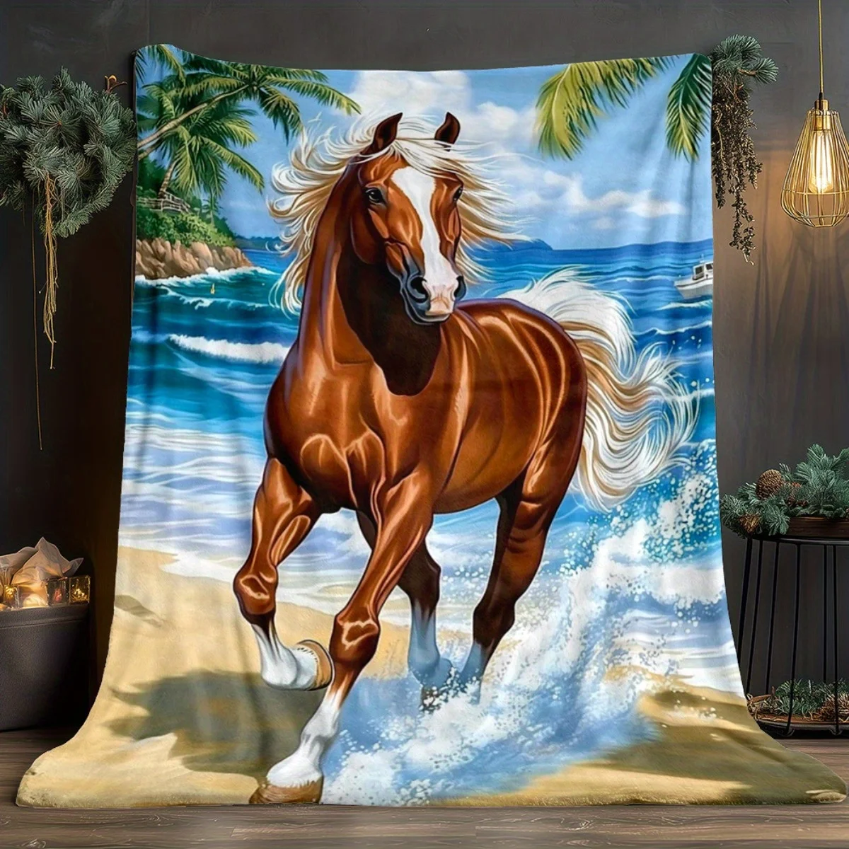 1pc Horse Running on Beach Ocean View Fleece Blanket Flannel Throw Coastal Animal Art Bed Cover Tropical Paradise Decor Gift