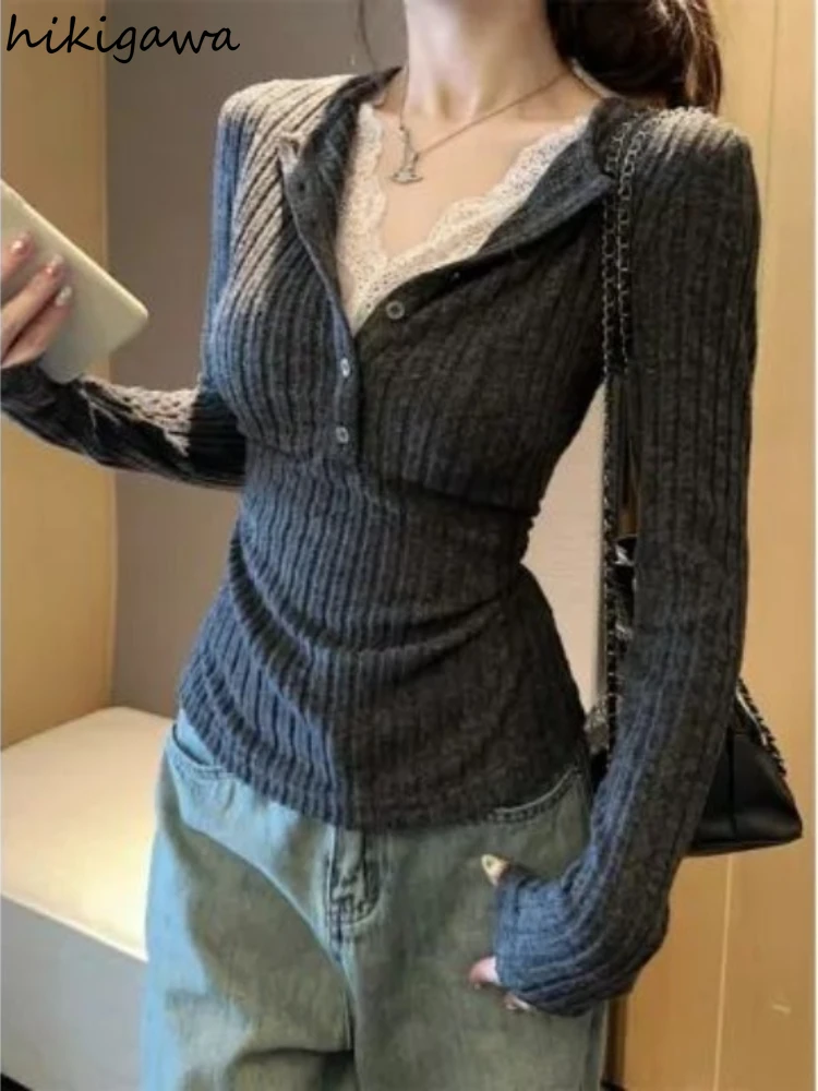 

Sueter Mujer вязаные пуловеры 2025 женская одежда лоскутная кружевная туника Pull Femme поддельные два джемперы модный трикотаж свитер