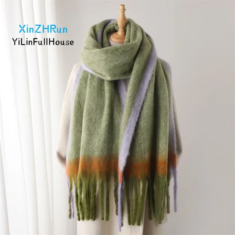 Autumn Winter Women's Fashionable Imitation Cashmere Warm Scarf Business Versatile Color Blocked Gradient Tassel Windproof Shawl