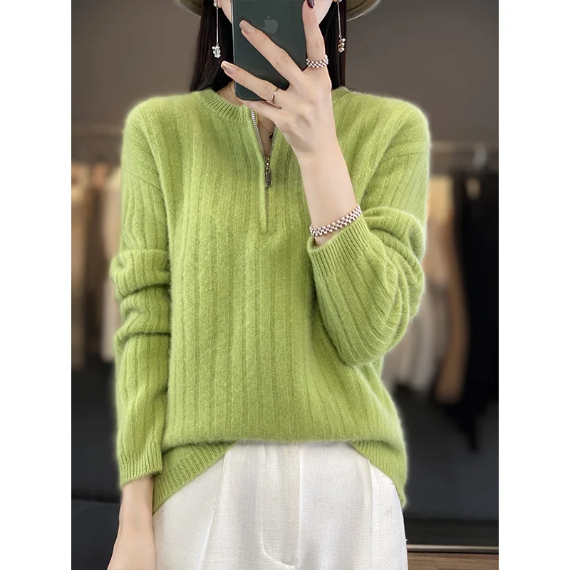 Fashion Solid Zipper Round Collar Sweater For Women 100% Wool 2023 Autumn Winter New Casual Knitwear Long Sleeve Female Tops