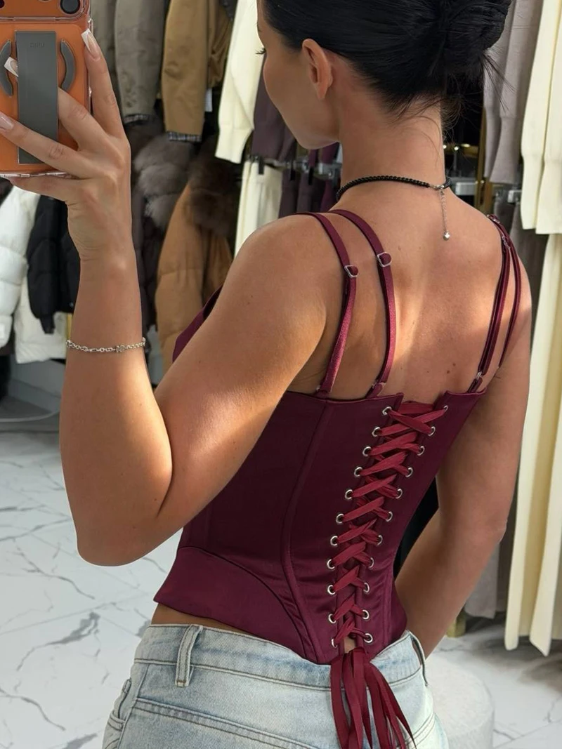 Sexy Women Strapless Corset Top New Fishbone Bandage Tank Top 2026 Evening Party Vest Fashion Satin Backless Bustier Crop Top - view 2