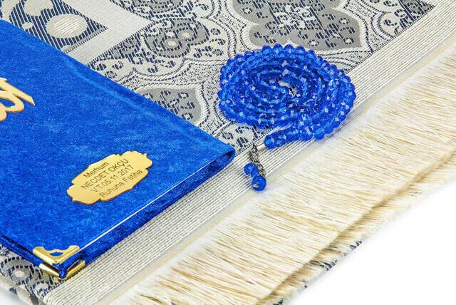 Pocket Oversize Velvet Yasin Book Name Plakalı Prayer Rug Prayer Beads Boxed Special Set Navy Blue