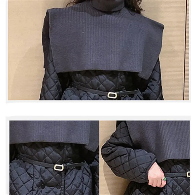 Long Style Parkas for Teen Girls Winter Fashion Belt Double-Breasted Coats with High Collar Knitwear Tippet Streetwear Outerwear