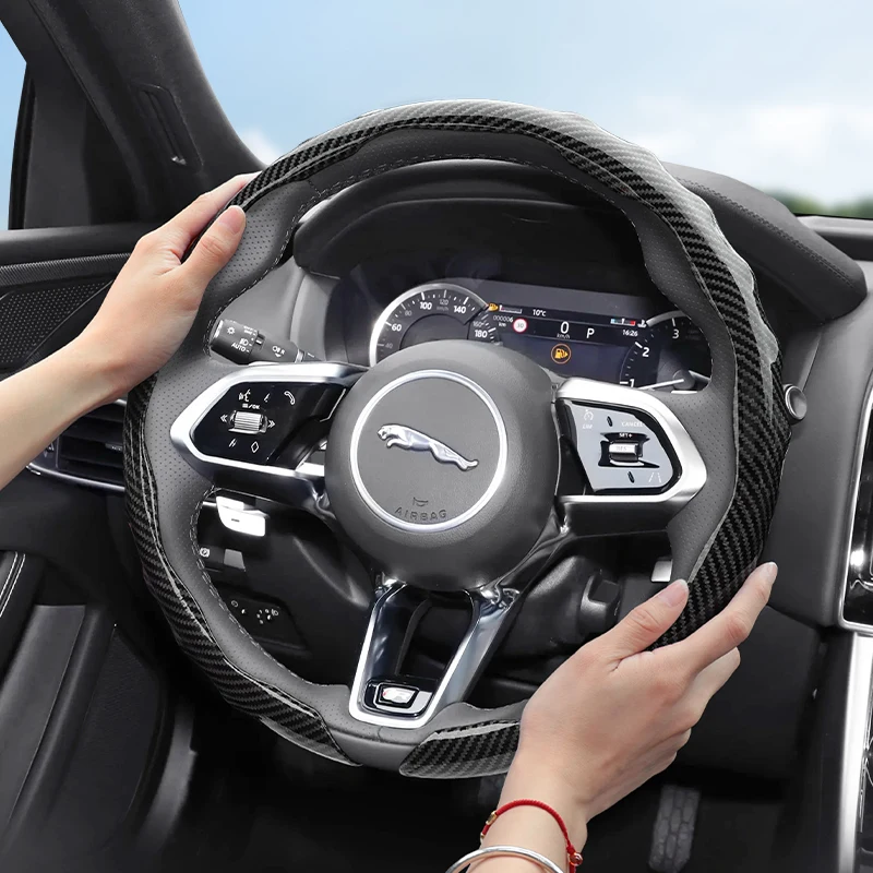 Geeignet für Jaguar Carbon Fiber Texture Lenkradabdeckung, aufsteckbares, wellenförmiges, sportliches Design, langlebige Schutzhülle für I-Pace F-Pace E-Pace Xe Xf F-Type und andere Modelle, Schwarz