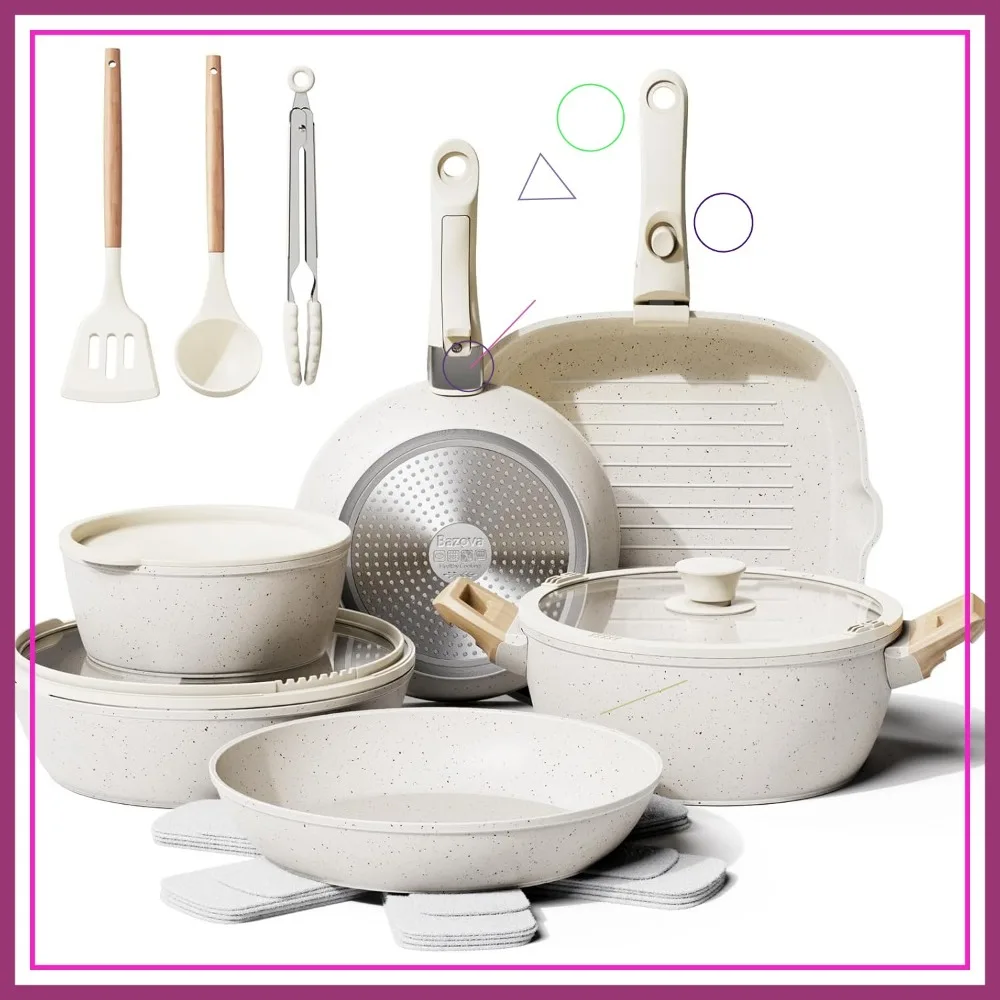 

19-Piece Ceramic Cookware Set Non-Stick Induction Safe Dishwasher Oven Free Cream White