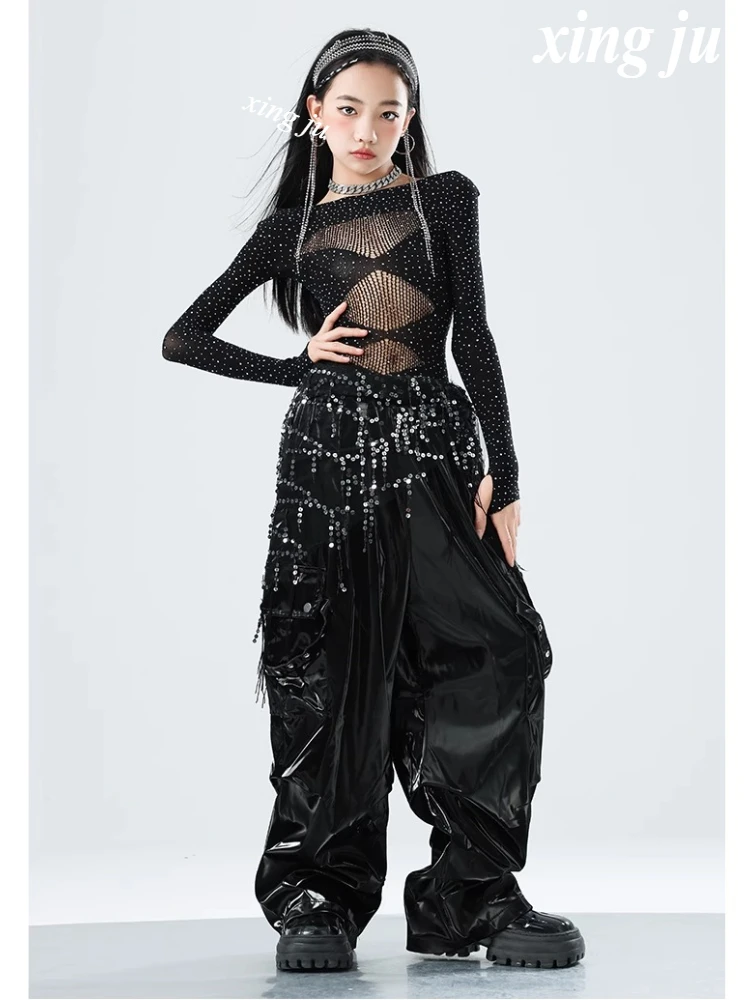 Kids Hip Hop Stage Performance Outfits Kinderen Jazzdans Kostuum Meisjes Street Dance Zwart Mesh Hollow Out Tops Leren Broek