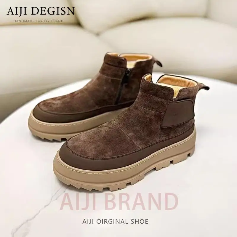 

Men's Youth Cow Suede Outdoor Cotton Boots Male Black Brown Winter Snow Boots Warm Wool Casual Thick Sole High Top Shoes