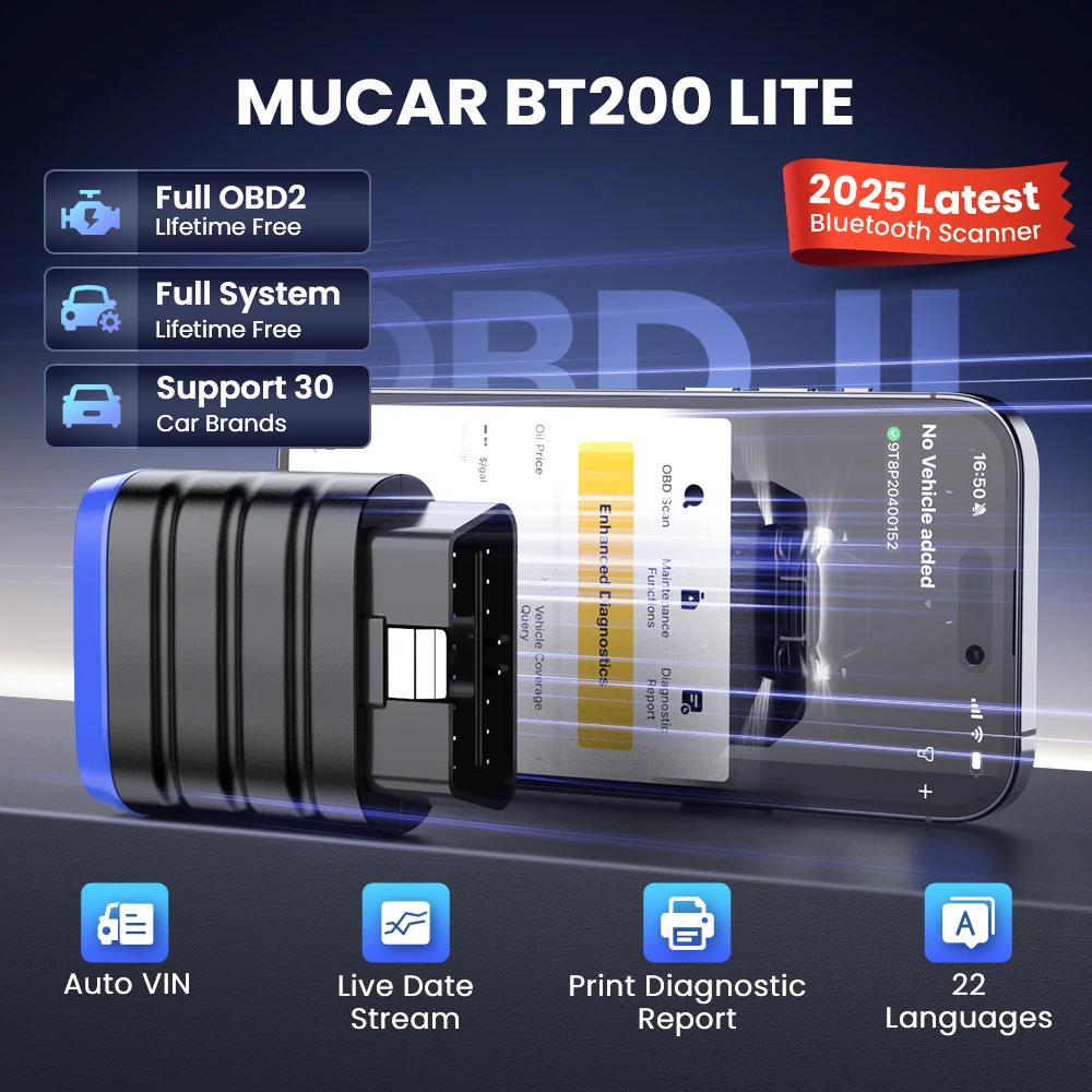 MUCAR BT200 Lite Auto Obd2 الماسح الضوئي تشخيص النظام الكامل قارئ رمز واضح تاريخ حي تشخيص السيارة عبر تطبيق Bluetooth DollarFix