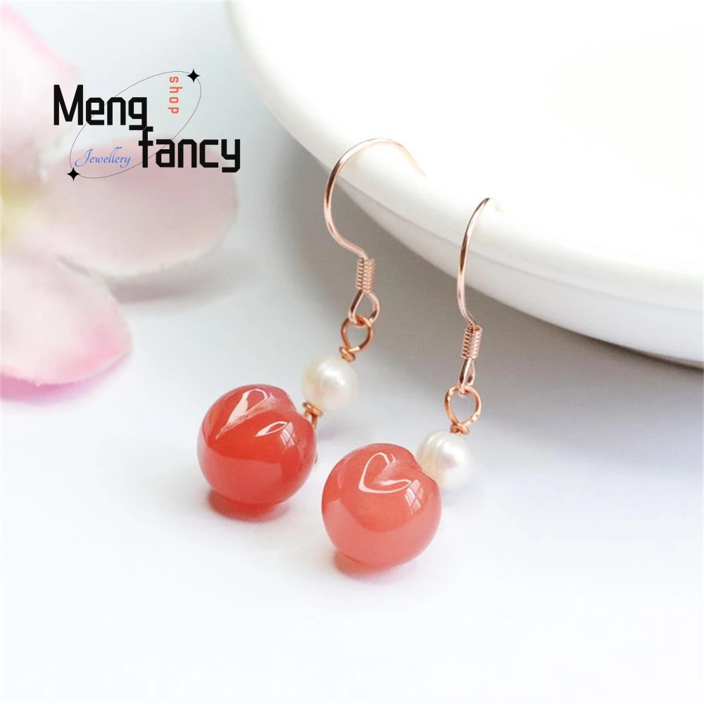 

S925 Silver With Natural Salt Source Agate Peach Ear Hook Earrings Simple Elegant High-grade Personalized Luxury Quality Jewelry