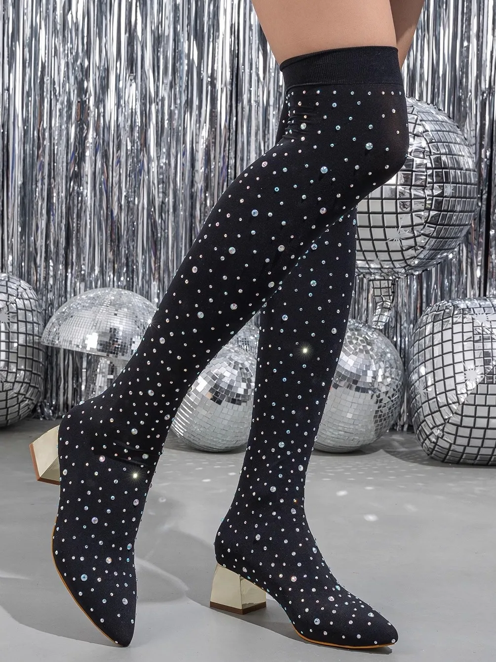 Sexy Black Diamond Long Boots Women's 2025 New Pointed Toe over Knee Boots Thick Heel High Heel Diamond Elastic Boots Women