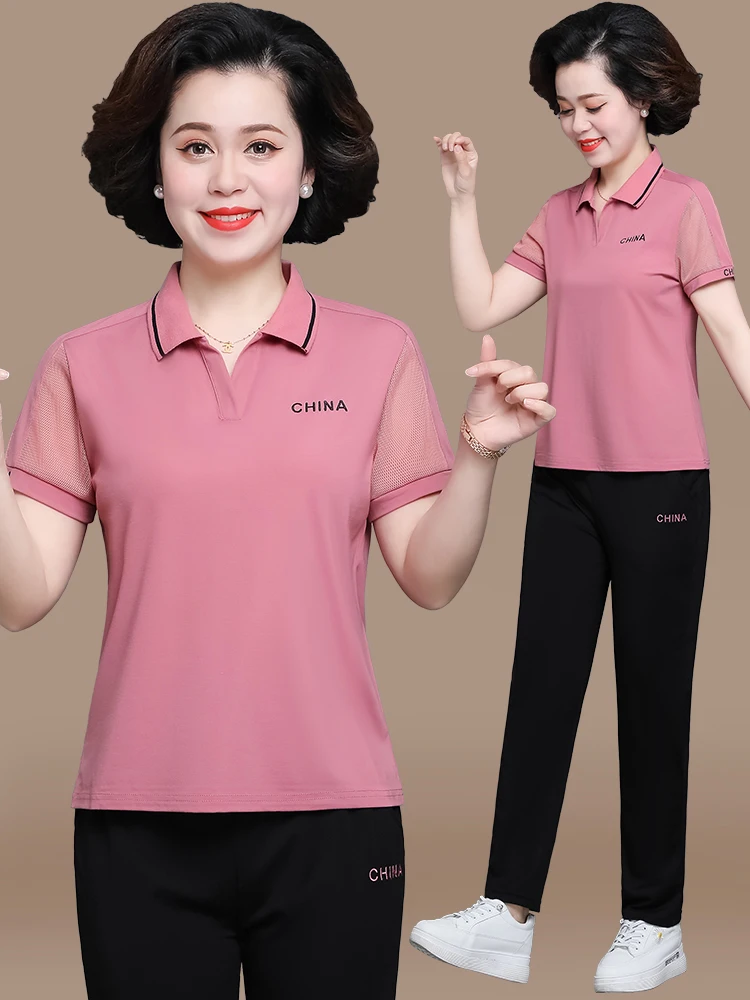 

Повседневный спортивный комплект: футболка с коротким рукавом и шорты для женщин среднего возраста, летний комплект в корейском стиле, свободный крой, полиэстер