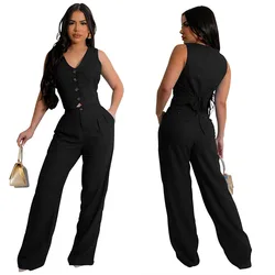 Street OL Work Women's Set Sleeveless Vest Tops and wide leg pant Suit 2024 Summer INS Two 2 Piece Set Outfit Tracksuit