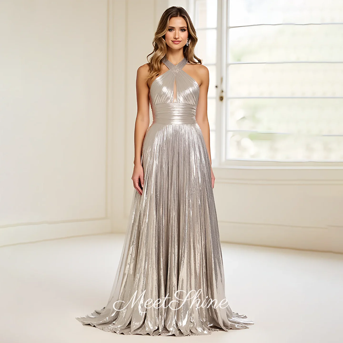 

Modern A-Line Halter Evening Dress for Women Sexy Corset Backless Sweep Train Sleeveless Formal Wedding Prom Dress Customized