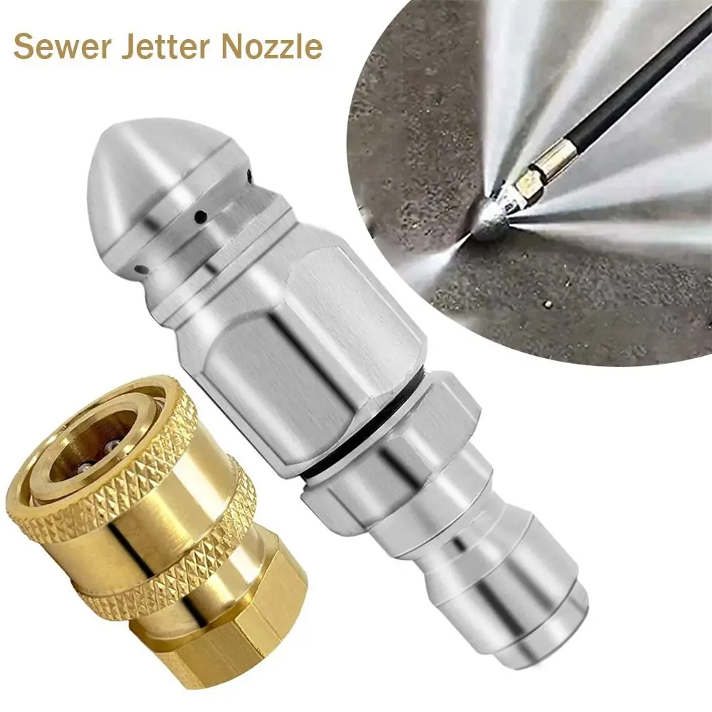 Stainless Steel + Brass Pressure Washer Jetter Nozzle 1 Forward Jet + 6 Rear Jets 1/4'' Quick Connect Sewer Jetter Nozzle