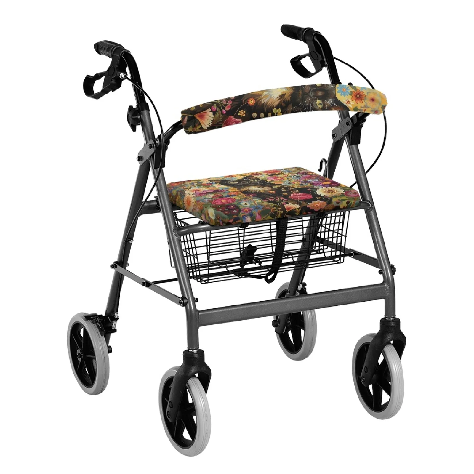 Coloranimal Floral Cat Art Pack of 2 Rollator Seat Back Cover Easy Install Rollator Walker Cover for Women Friends