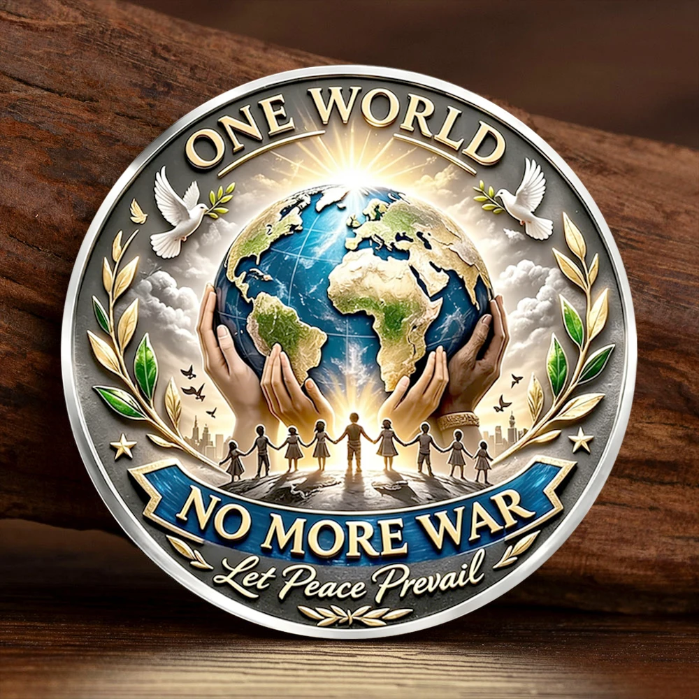 Moneda Conmemorativa Plateada con la Frase 'La Paz Mundial Supera a la Guerra', Moneda de Desafío con Impresión UV Plana 2D
