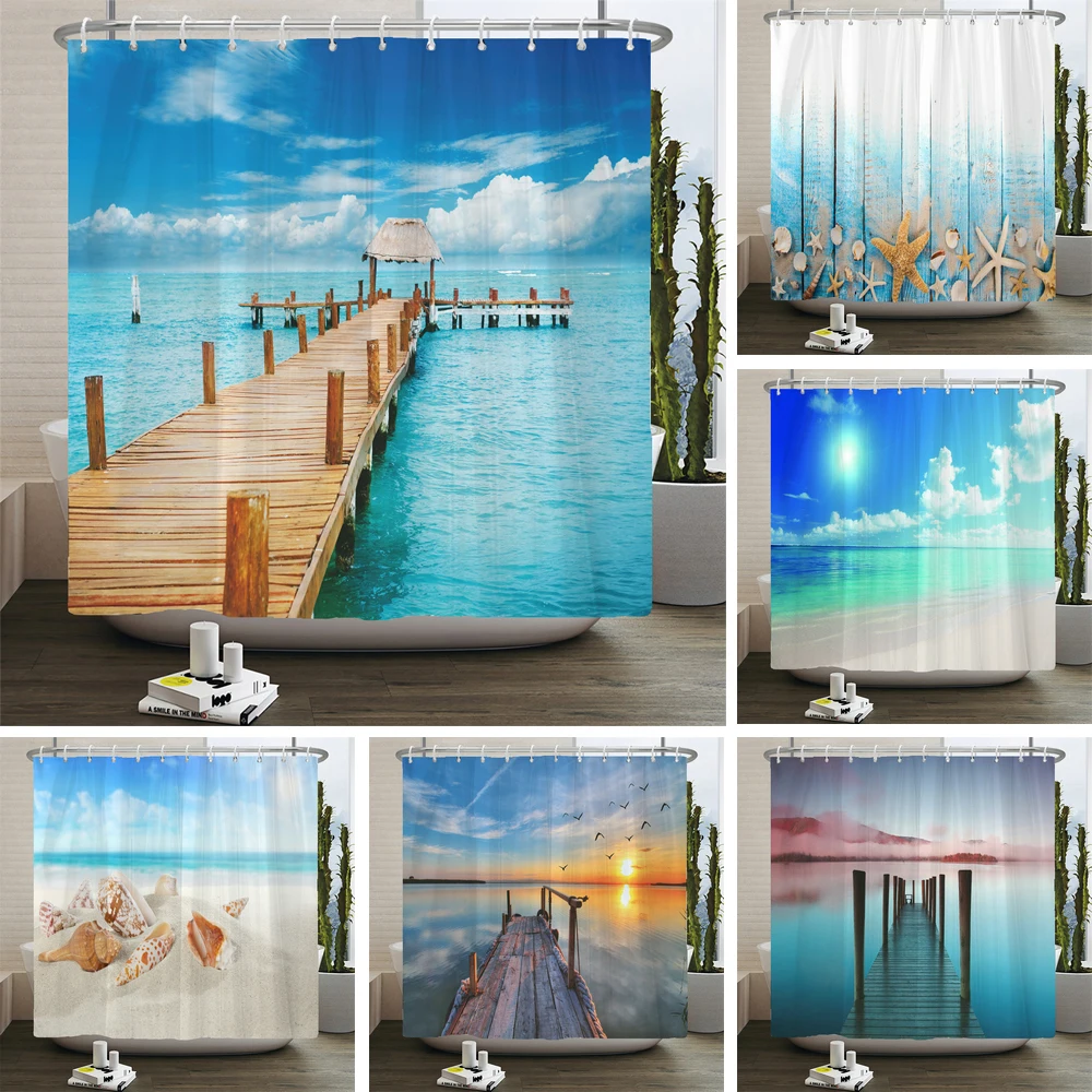 Seaside Scenery 3d Printed  Polyester Shower Curtain Wooden Bridge Nature Fabric Waterproof Bathroom Curtain for Bathtub 180x180