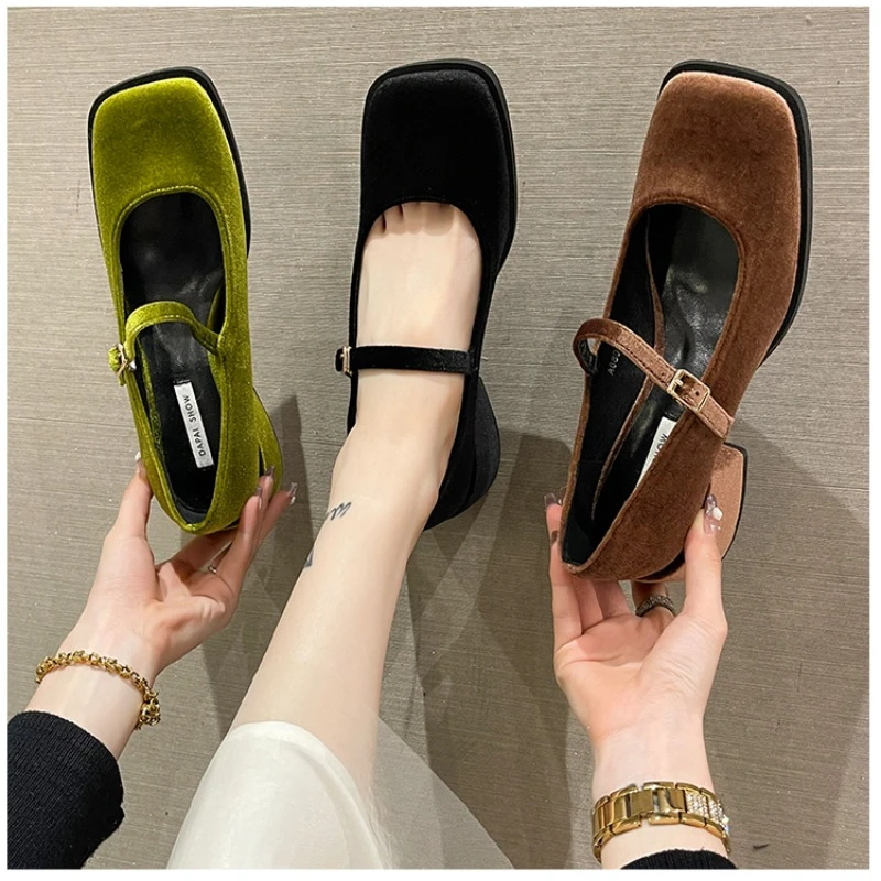 Mary Janes Shoes Female Green Velvet New Square Toe College Style Casual Pumps Fashion Shallow Buckle Shoes High Heel Shoes