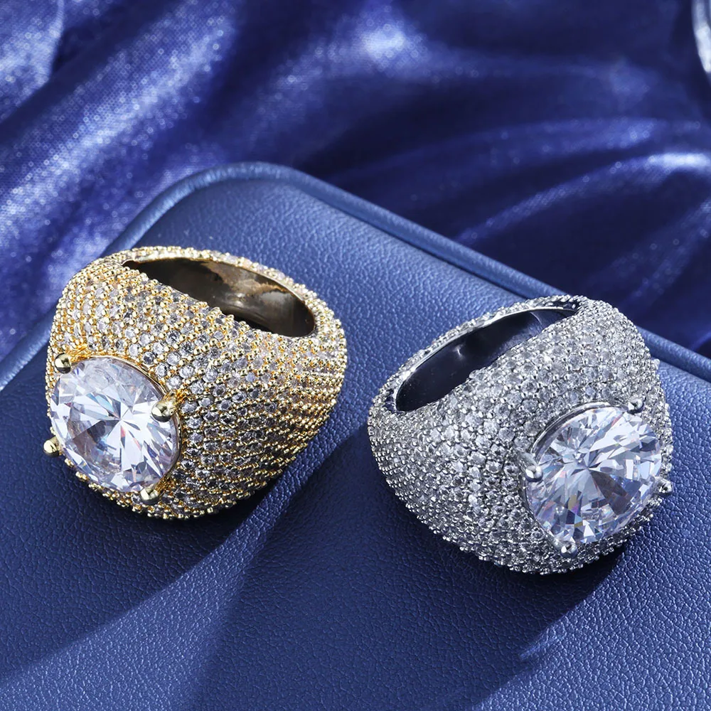 Hip Hop AAA Cubic Zirconia Ice Out Round Finger Ring for Men Women Bling CZ Rings Male Rapper Jewelry Gold Silver Color