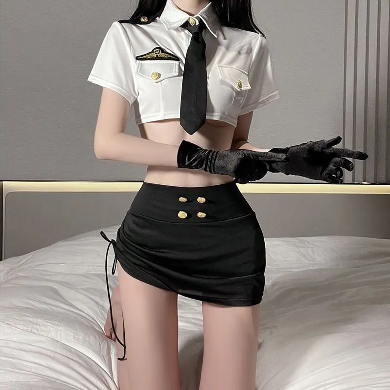 Sexy Lingerie 2024 Summer Release Ol Uniform Collocation White Shirt Adorn Black Tie Black Hip Wrap Dress for Women Cosplay