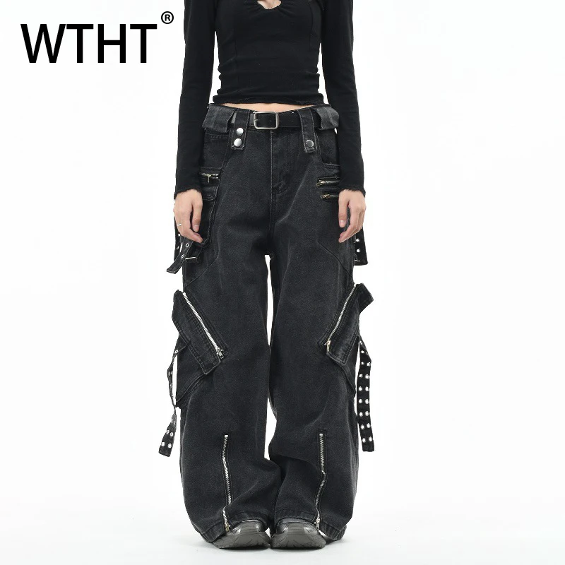 WTHT Fashion Men's Spliced Pockets Bandage Metal Cargo Denim Pant Trendy American Style Wide Leg Trouser Male 2025 Autumn 2A2421