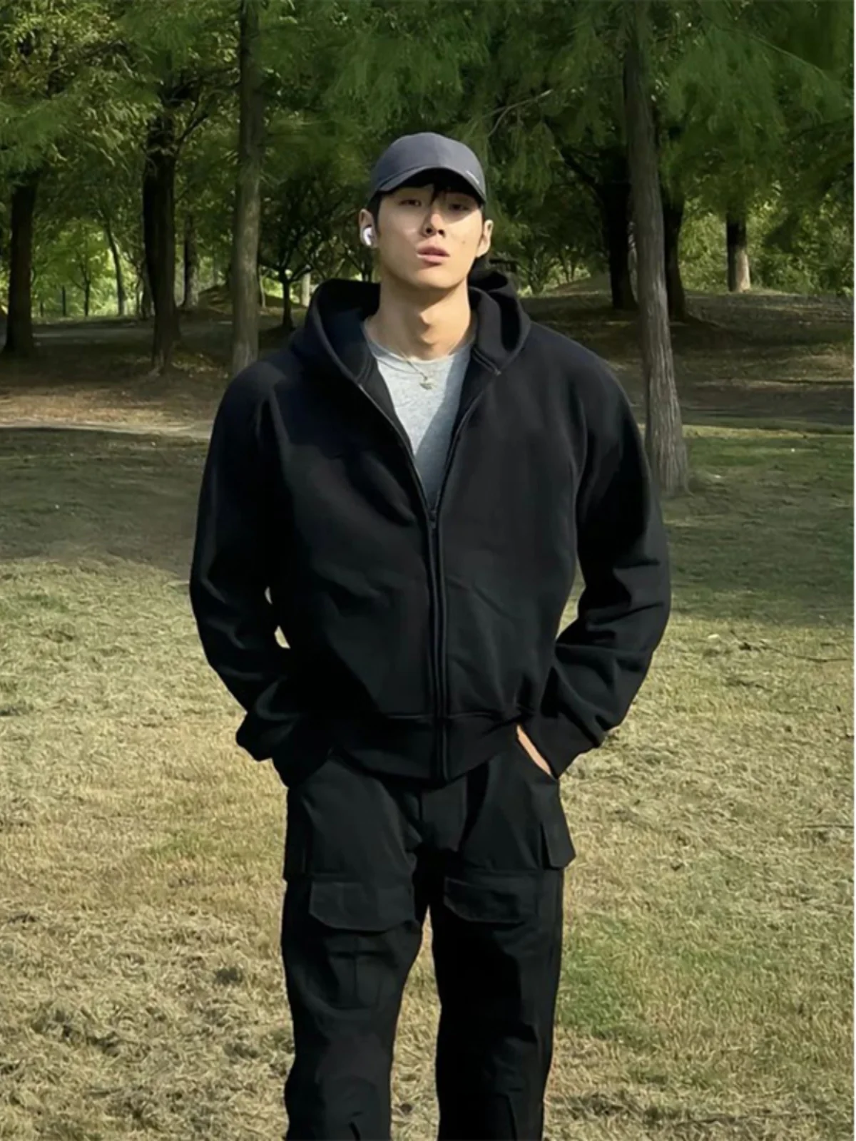 

Pure Bla Heavyweight Men's Spring Autumn Zipper Fitn Muscle oown Hooded Jaet American High Street Sle Cardigan