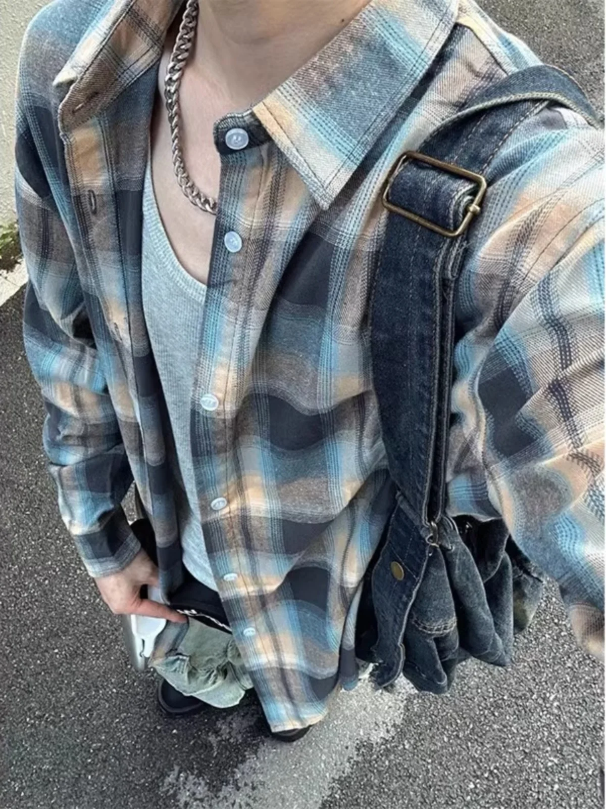 

Retro American Color Blo Plaid Long Sve Men's irt Spring Autumn Cleanfit Couple's Outerwear Loose Fit Polyester