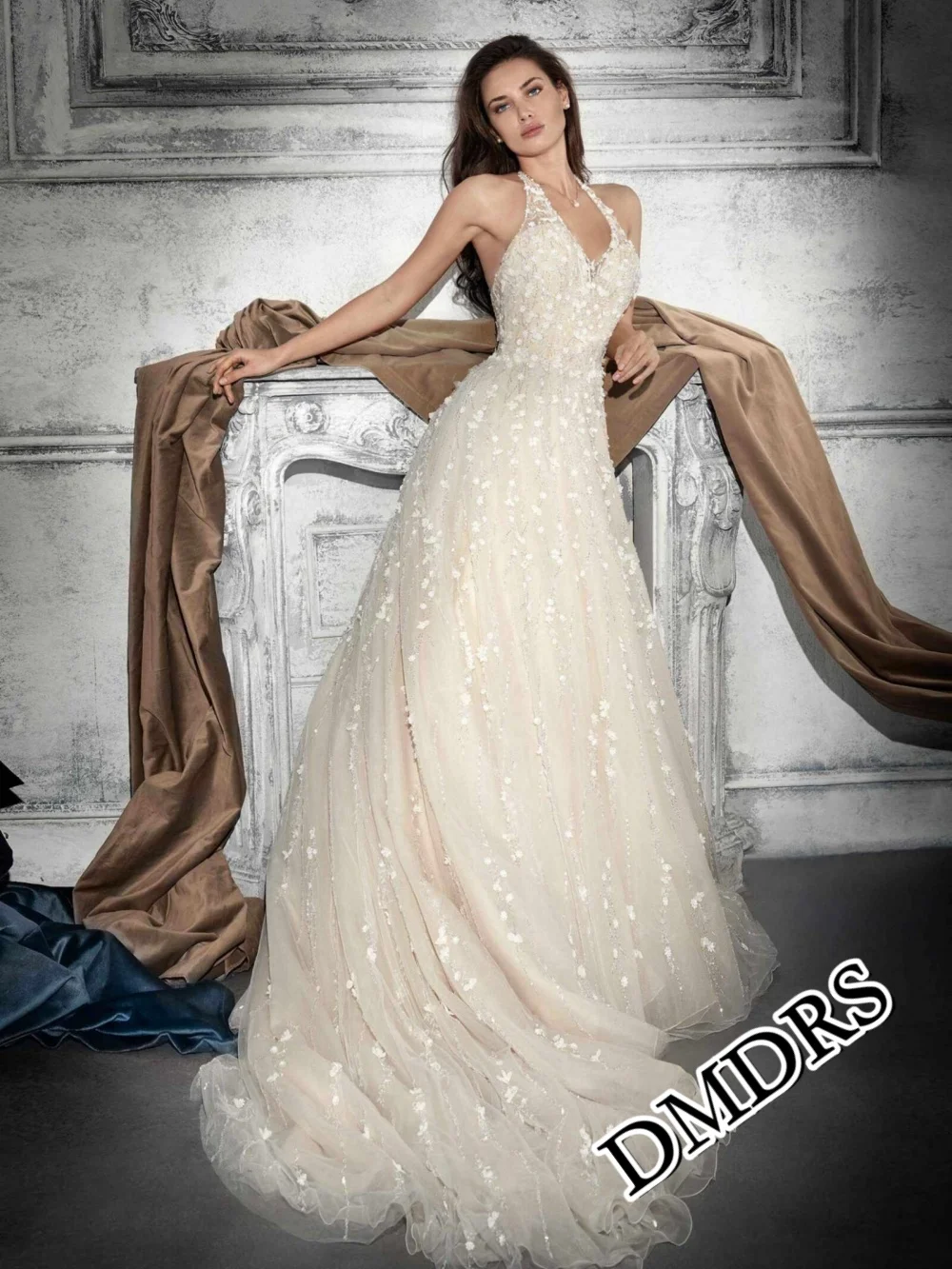 DMDRS 섹시한 V 넥 웨딩 드레스 클래식 A 라인 신부 가운 정장 아플리케 바닥 길이 웨딩 드레스 Vestidos De Novia