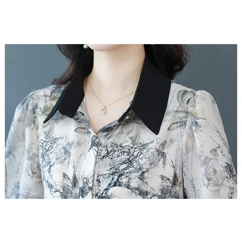 Cárdigan de manga larga con botones para mujer, camisa de gasa con estampado de plantas y flores, Tops con cuello vuelto, primavera y otoño