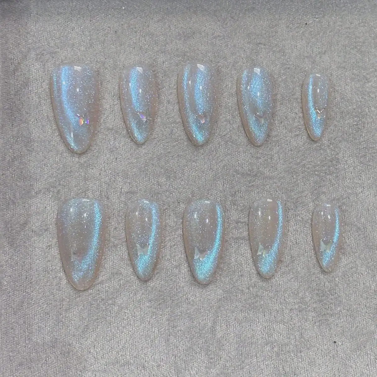 순수 수제 아몬드 모양 손톱 10개, 푸른 고양이 눈 반짝반짝 빛나는 나비 스팽글, 푸른 눈물, 적합한 f