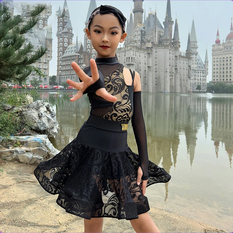 Kid's Latin Dance Costume Girls' Stage Performance Split Suit Cha Cha Practice Wear Prom Balck Samba Dance Clothes VBH1096