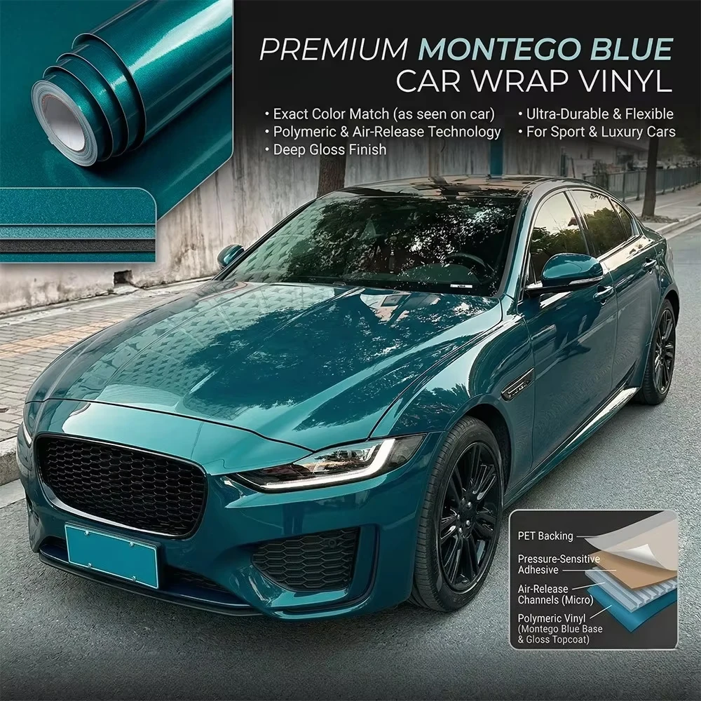PET Vinyl Car Wrap Film Montego Blue Car DIY Sticker Decoration Self Adhesive Vinyl Window Trim Strip Film Air Bubble Free Decal
