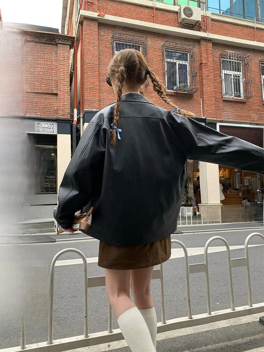 

Кожаная куртка RAINY в американском ретро-стиле, черно-белая, весна-осень, женская, свободного кроя, универсальная, новая, короткая, верхняя одежда