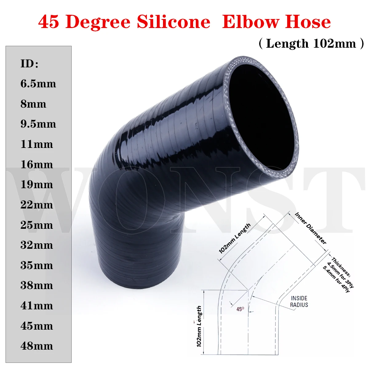

3ply 45 Degree Elbow Hose Universal Silicone Coolant Tube Intercooler Pipe ID 6.5mm 8mm 9.5 11mm 16mm 19mm 22mm 25 32mm 35 mm