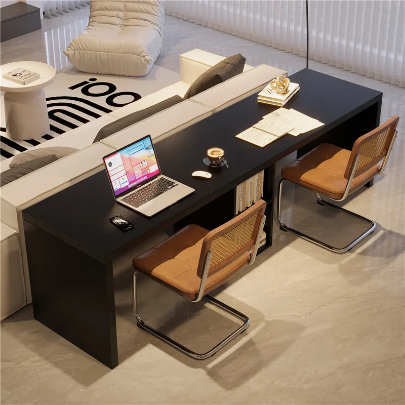 Solid wood double computer desk Home study children's desk against the wall Narrow long table Simple black bedroom bedside table