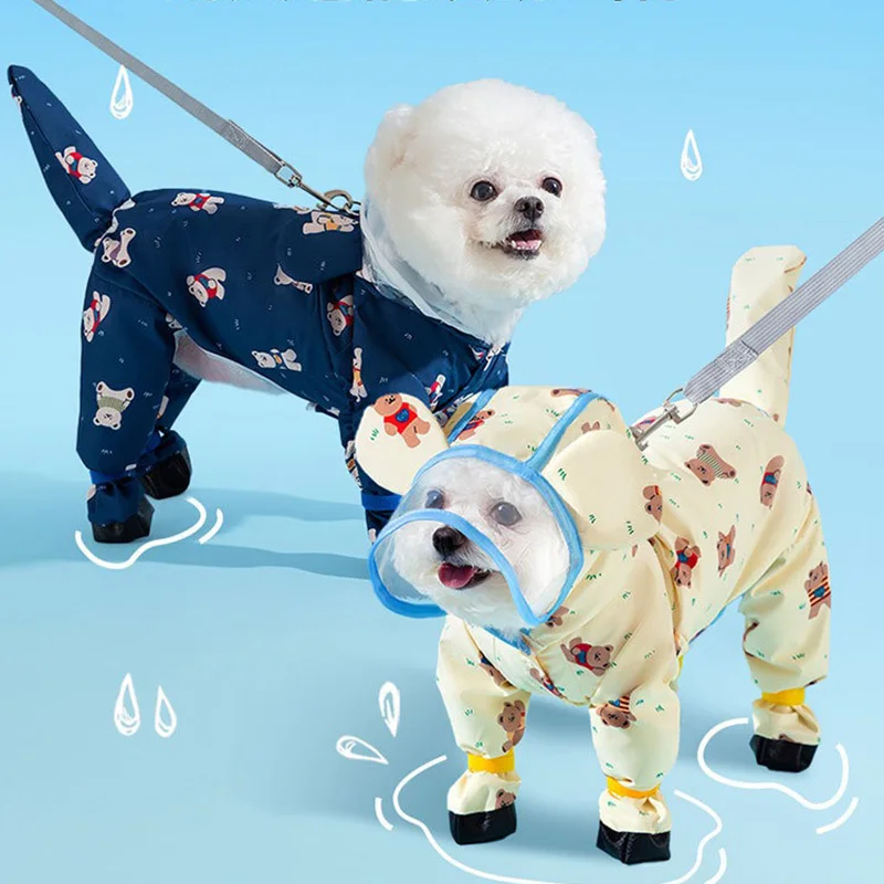 Pet Waterproof Clothes Summer Dog Raincoat Full Print Bear Four Legs All Inclusive Rain Poncho Teddy Cute Clothes