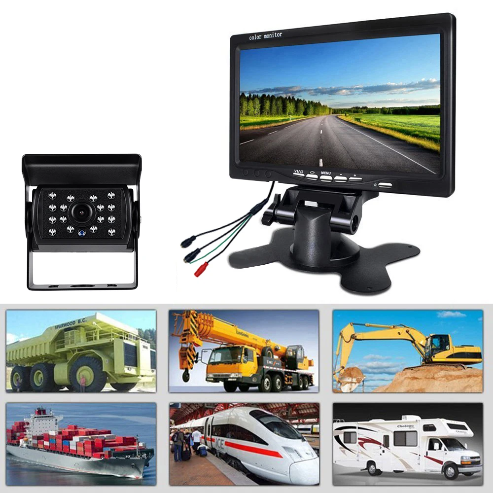 Podofo Kabelgebundenes Rückfahrkamerasystem mit 7-Zoll-Monitor 2 Rückfahrkameras Kit für Busse LKWs Einparkhilfe Einfache Installation
