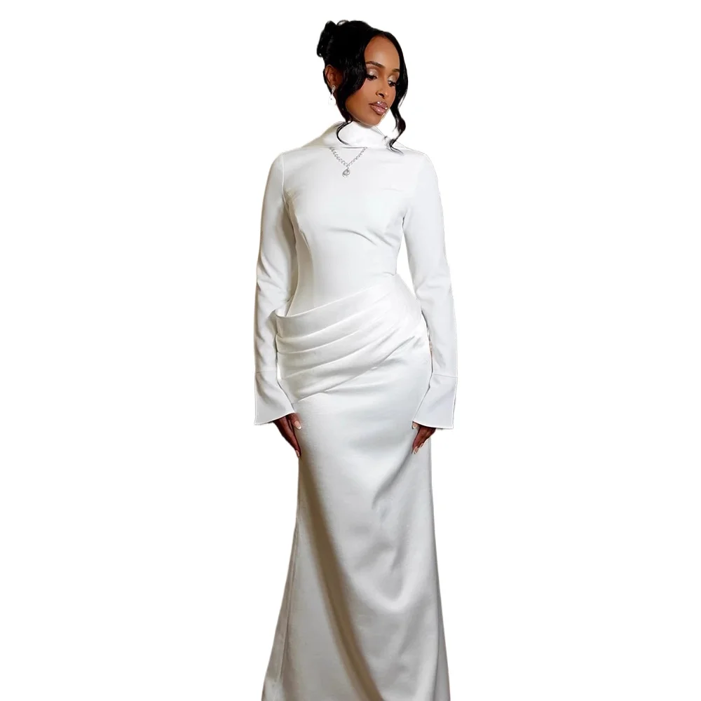 Elegante maxi-jurk met sjaalhals en lange mouwen Moslim dames ruchespaneel slim fit zeemeerminjurk satijnen formele avondfeestjurk - afbeelding 2