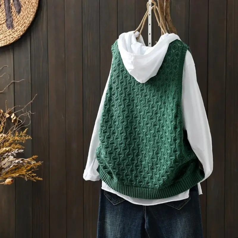 Women Retro Hollow Jacquard Outewear Knitted Sweater Vest Female Casual Solid O Neck Loose Sleeveless Pullover Waistcoat Jumpers