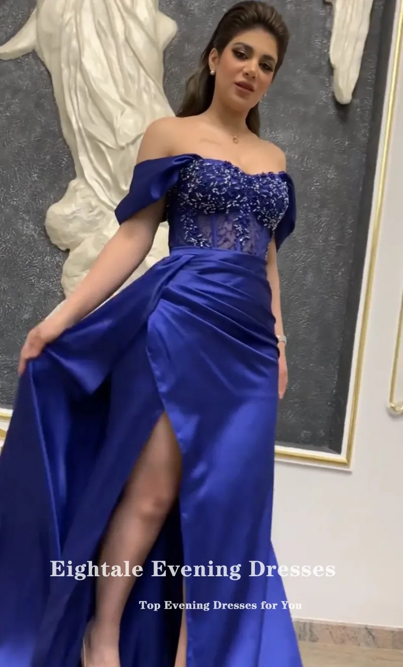 Eightale Blauw Avondjurk Voor Wedding Party Satin Kralen Applicaties Uit De Schouder Vintage Mermaid Prom Jassen Celebrity Dress