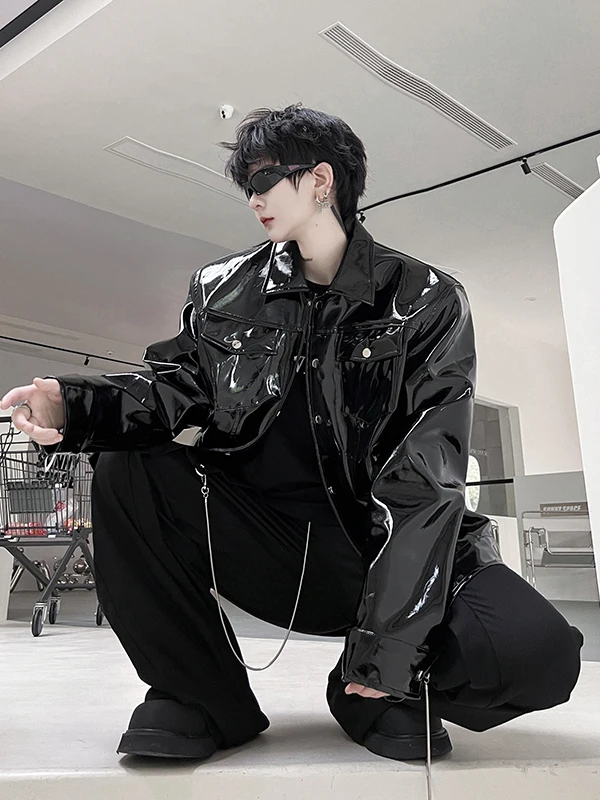 

High-End ort PU Leather Jaet Men's Glossy Unique Design Street Sle Trendy Outerwear Casual Loose Fit Teenagers' Coat