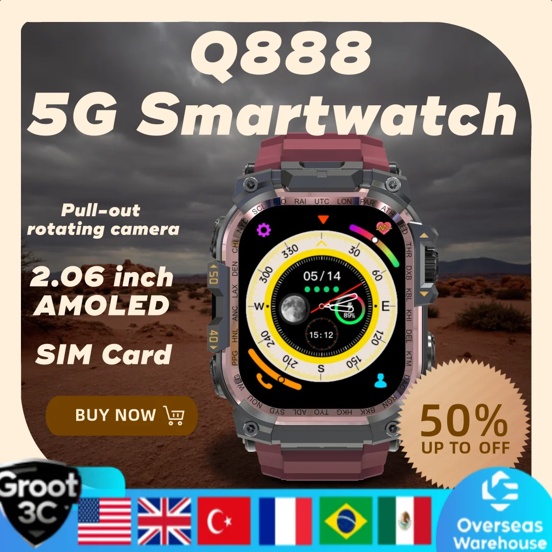 

Смарт-часы Q888 с 5G SIM, поддержкой всех сетей, выдвижной поворотной камерой, ОС Android 8.1, GPS, Wi-Fi, 2,06-дюймовым экраном, 32 ГБ ОЗУ, новейшая модель, подарки