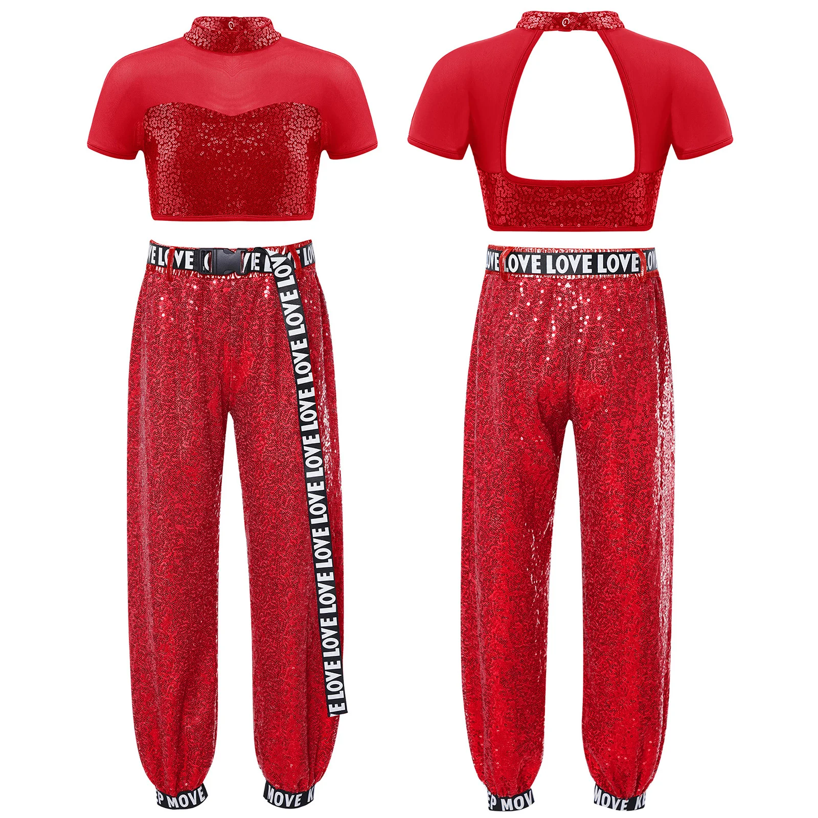 ชุดเต้นแจ๊สสำหรับเด็กผู้หญิง เสื้อครอปท็อปปักเลื่อมแบบตัดต่อ+กางเกงเลื่อม+เข็มขัดพิมพ์ลายตัวอักษร สำหรับการแสดงบนเวที ฮิปฮอป
