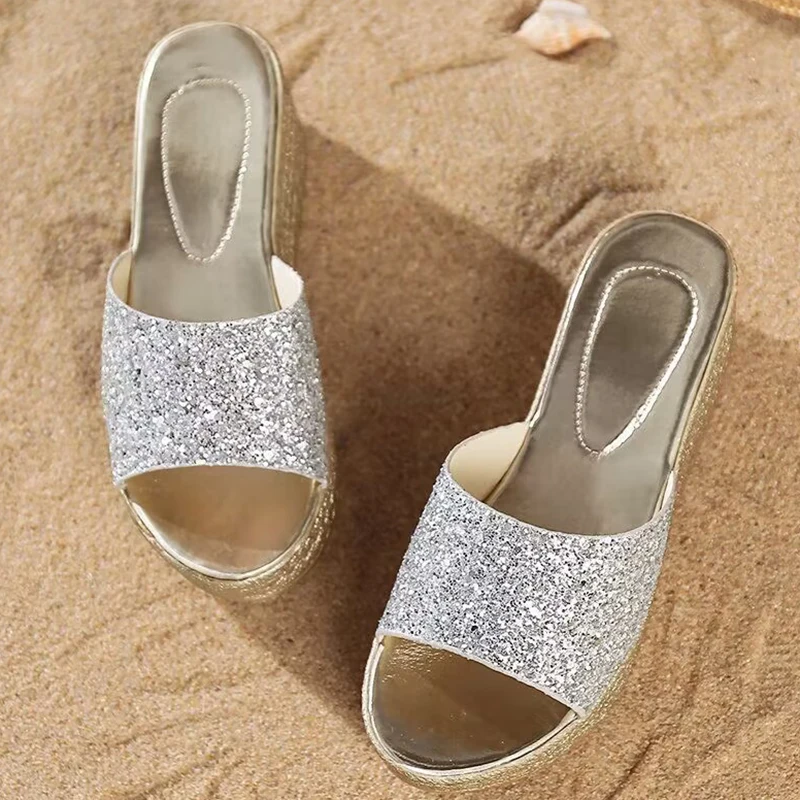 Lucyever Gold Silver Sequins Wedges Slippers for Women 2023 Summer Open Toe Platform Sandals Woman High Heels Slides Ladies 40