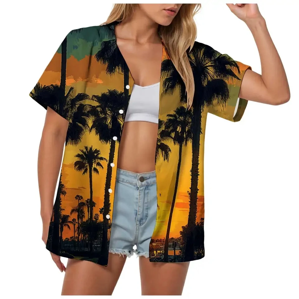 Women's Tropical Hawaiian Shirt Short Sleeved Button Down Tops And Blouses Summer Casual Beach Vacation Shirts Top Camisas
