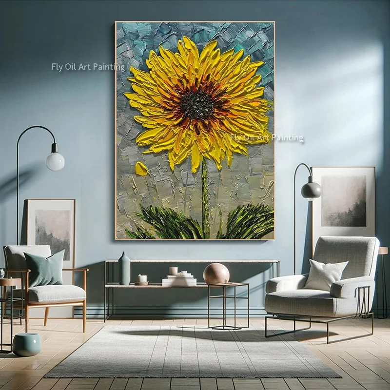 Impressionist Sunflower Handmade Oil Painting Palette Knife Textured Floral Canvas Art Contemporary Botanical Wall Art For Decor