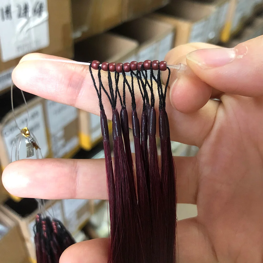 8D Micro Bead Human Hair Extensions 100% Human Hair Natural Burgundy Invisible Silicone Nano Ring Human Hair Extensions